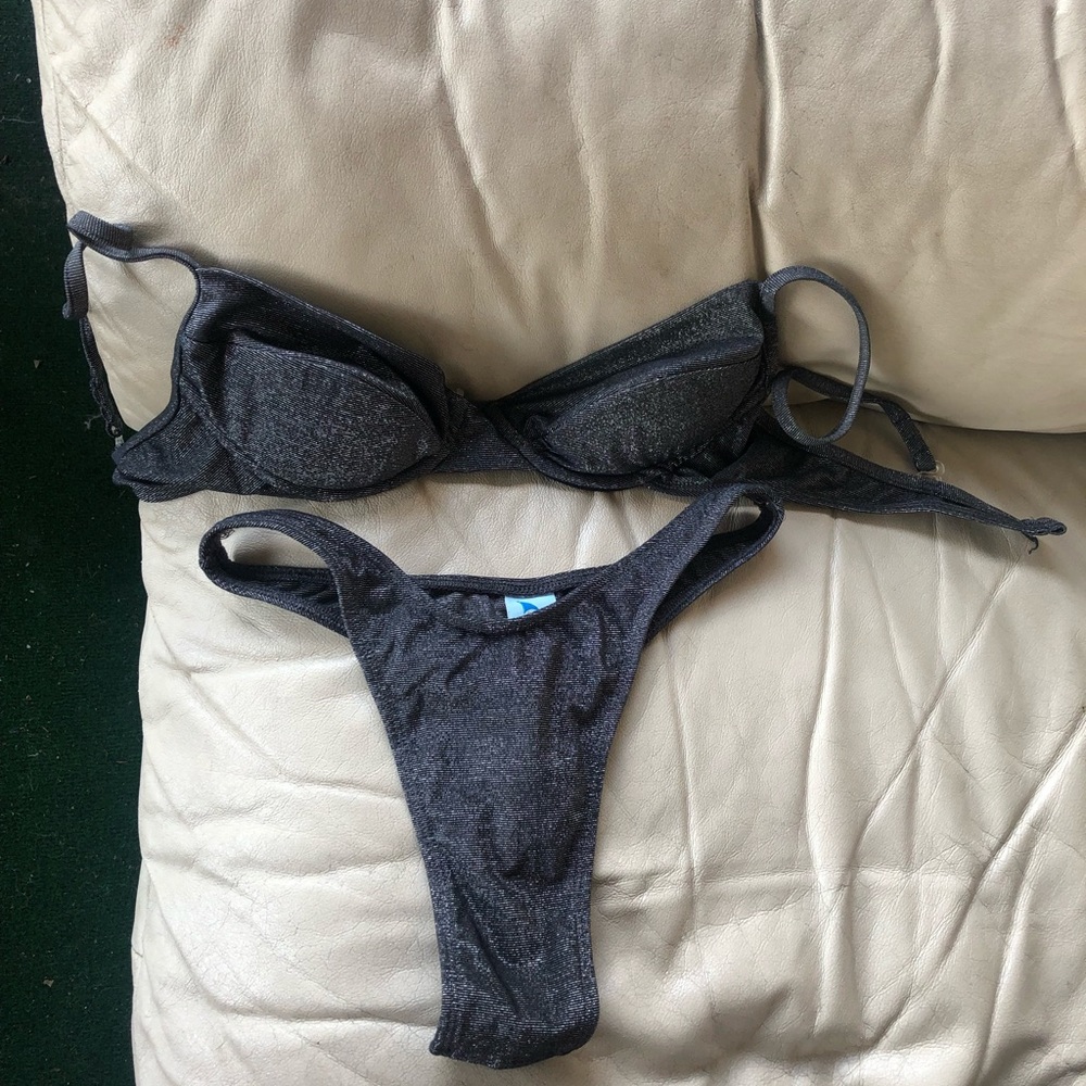 Black Silver sparkle thread thong bikini